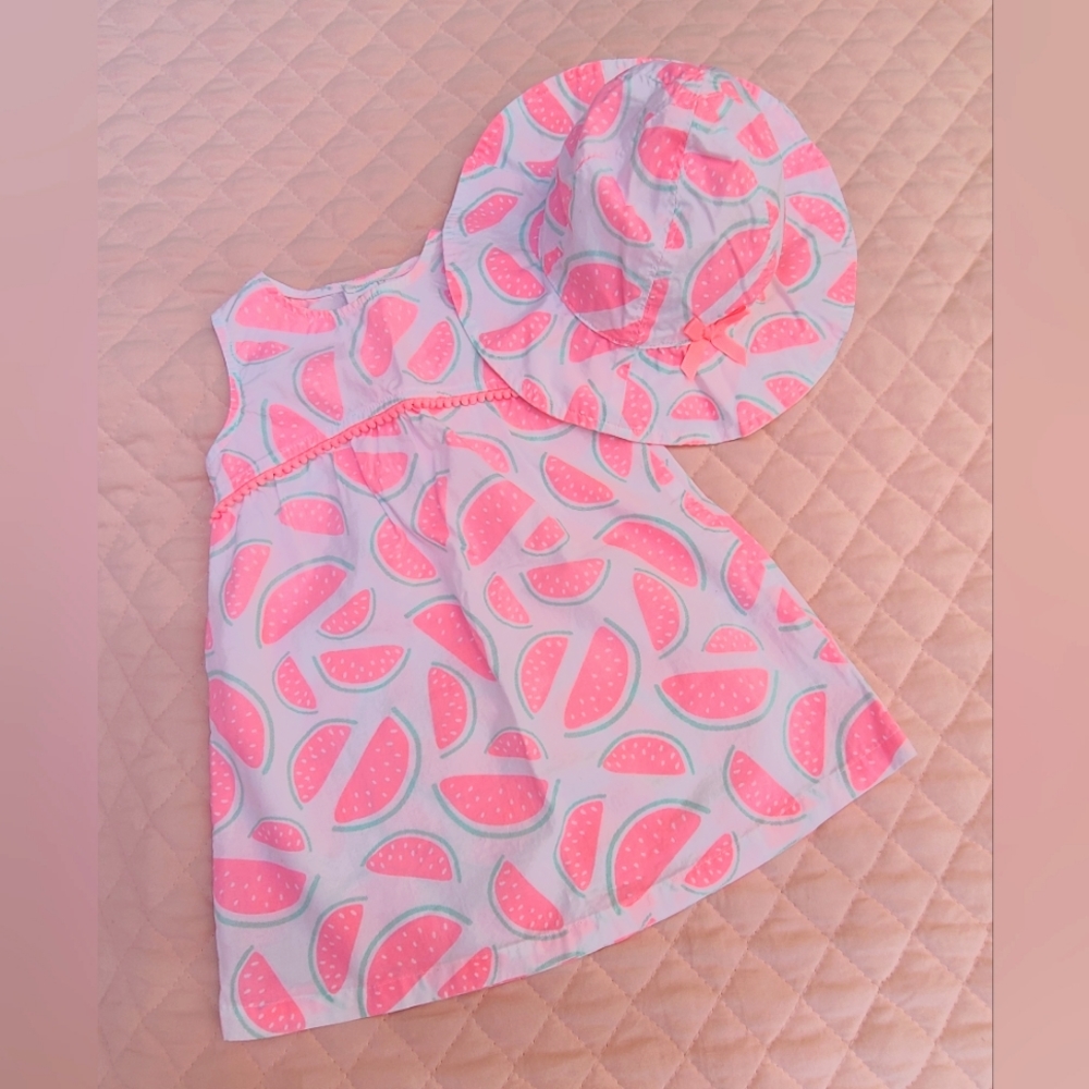Watermelon-print A-line dress for baby girl with matching bucket hat, size 9M